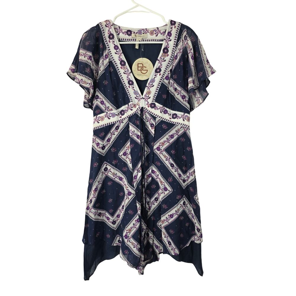 BCBGeneration Mini Dress 10 Womens Boho V Neck Multicolor Cottage Core NWT